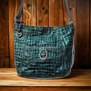 BRIGHTON Teal Green Patent Croc-Embossed Leather Shoulder Bag